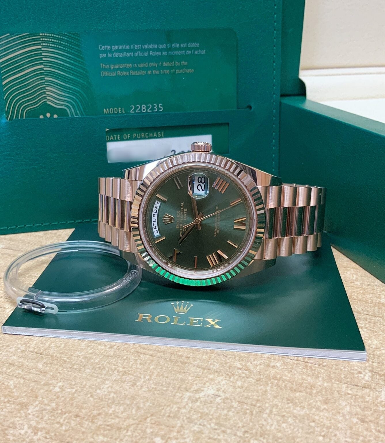 Rolex replica Day-Date Rose Gold olive dial